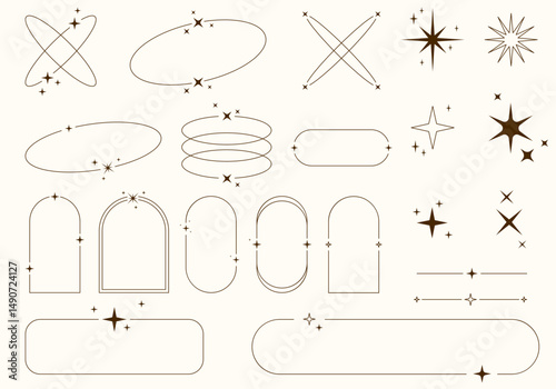Modern minimalist aesthetic line elements, trendy linear frames with stars, arch frames, geometric forms