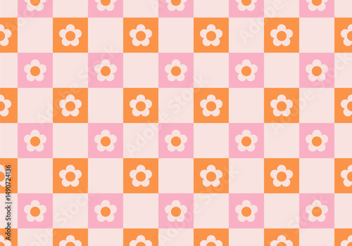 Daisy flowers and checkerboard seamless pattern. Colorful pink and orange vector background in retro groovy style