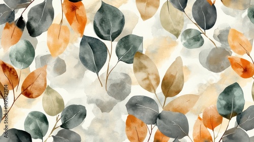 A seamless pattern of colorful leaves in muted tones. Watercolor style
