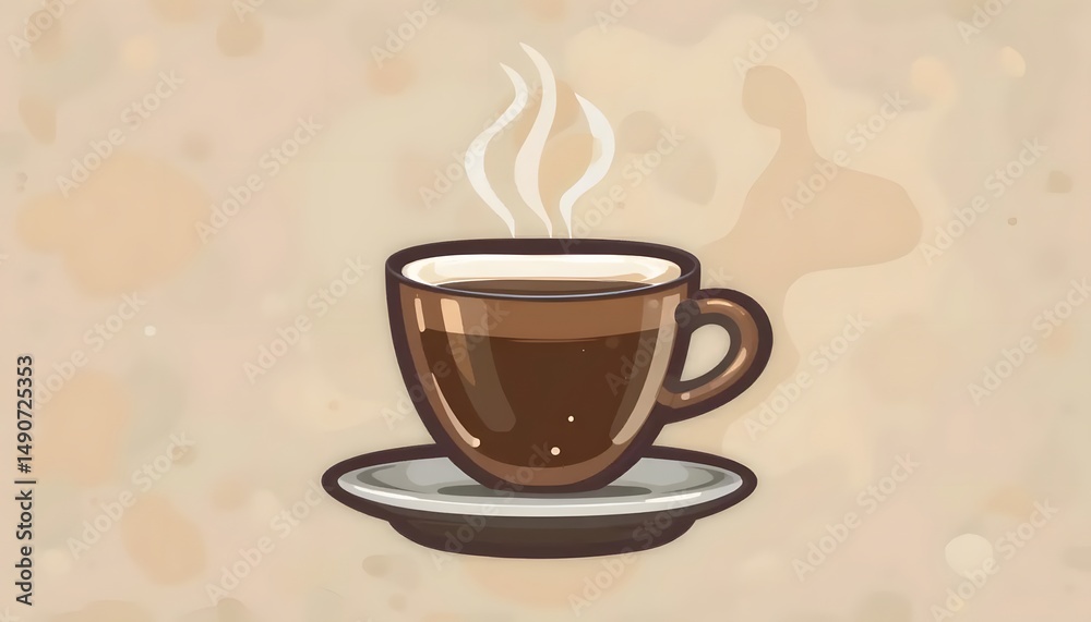 Obraz premium Steaming Coffee Cup Illustration on Saucer against Beige Background