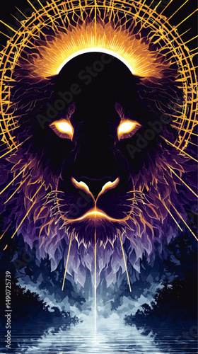 Mystical Lion Head Vector Illustration with Golden Rays Illuminating Eyes and Mane Reflecting Over Water Surrounded by Crown Mandala in Stunning Spiritual Fantasy Art