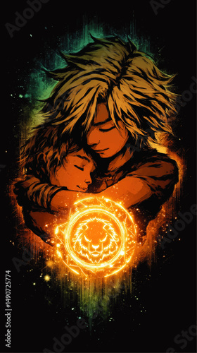 Vector Illustration of Two Young Characters Sharing Warm Embrace with Magical Golden Lion Symbol and Glowing Mystical Elements Perfect for Fantasy and Magic Themes
