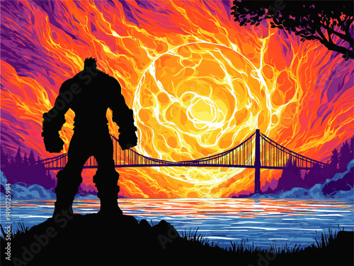 Epic Fantasy Vector Illustration Featuring Giant Warrior Silhouette Standing Near Bridge Over Water With Vibrant Fiery Sky Sun Background For SciFi Gaming and Animation