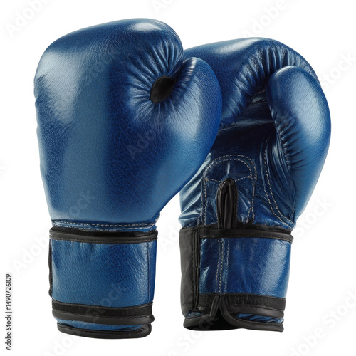 A pair of blue boxing gloves with a black strap