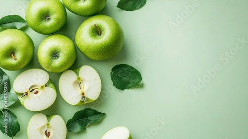 Wallpaper Mural Fresh green apples and leaves on pastel green background Torontodigital.ca