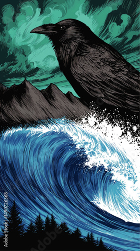 Mystical Vector Illustration of Giant Black Raven Observing Powerful Ocean Wave and Rocky Mountains Under Dramatic Teal Sky with Clouds Nature Inspired Surreal Art