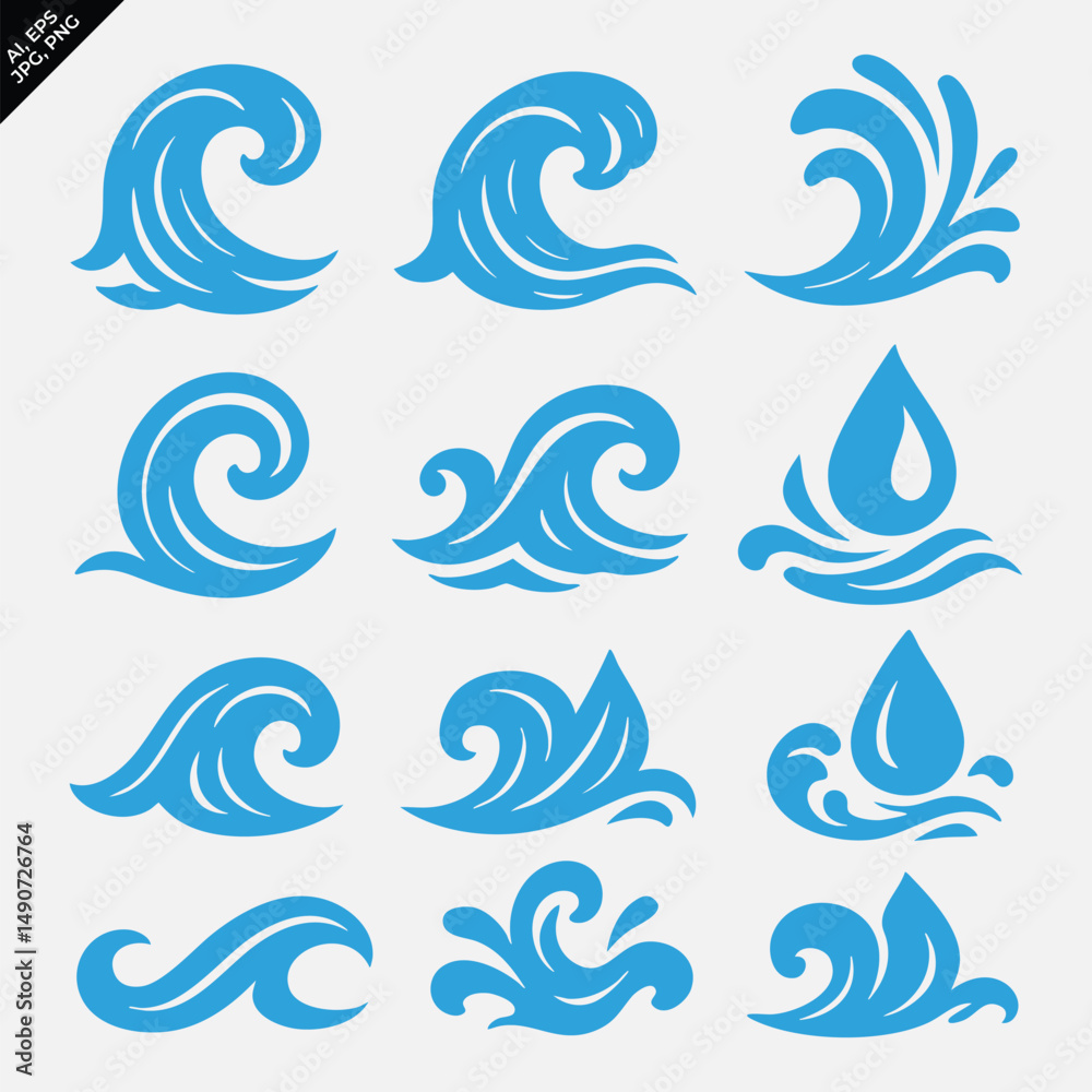 Naklejka premium realistic blue water waves and splashes with fluid particles and wave patterns