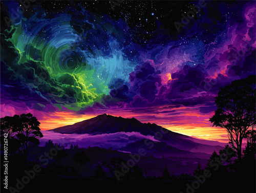 Stunning Vector Landscape Illustration of Majestic Mountain Under Colorful Aurora Borealis and Starry Sky with Vibrant Purple and Orange Sunset Clouds and Silhouettes