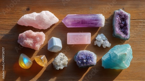 Crystals Display on Wooden Surface Home Decor Natural Elements Tranquil Setting Close-Up Aesthetic Beauty