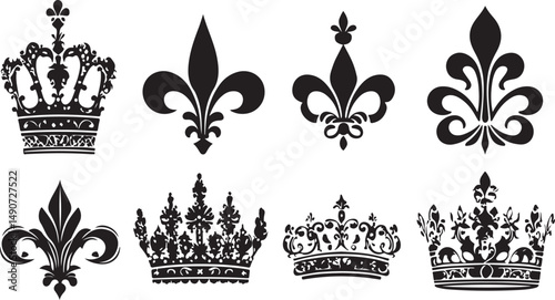 Collection of Black and White Royal Crowns and Fleur de lis Designs