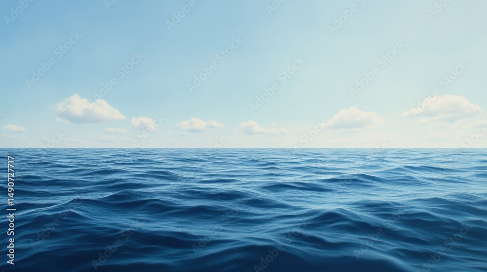 Obraz premium Vast ocean under a clear blue sky with gentle waves and scattered clouds on the horizon. Serene and calming scene.