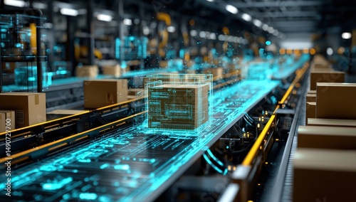 digitization process ,Futuristic automated assembly line with glowing digital interfaces and high-tech packaging in a smart factory setting.