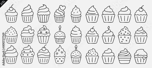 фотографія outlined cupcake illustrations set with various decorations and toppings