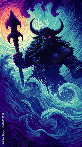 Majestic Mythical Sea Monster Vector Illustration Fantasy Warrior Creature with Horns and Trident Rising from Ocean Waves in Vivid Colors Digital Fantasy Artwork Design