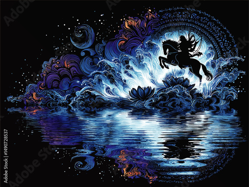 Mystical Fantasy Night Scene featuring Silhouette of Warrior Princess Archer Riding Horse through Magical Water Reflection with Floral Cosmic Background Vector Art