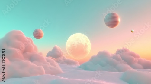 Dreamy pastel landscape with fluffy clouds and planets against a soft sky. A serene and ethereal scene evokes fantasy and imagination in a peaceful environment.