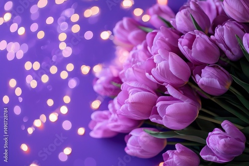 Bouquet of pink tulips on purple background