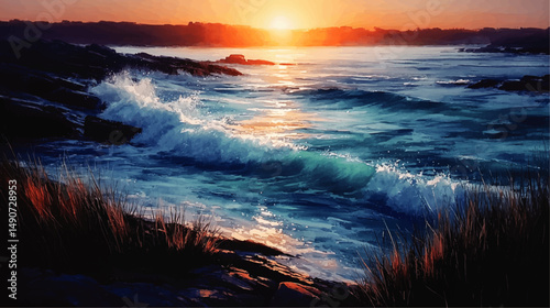Stunning Vector Illustration of Ocean Wave Crashing on Rocky Shore at Golden Sunset Scenic Coastal Landscape Digital Art for Web and Print Inspirational Seascape View