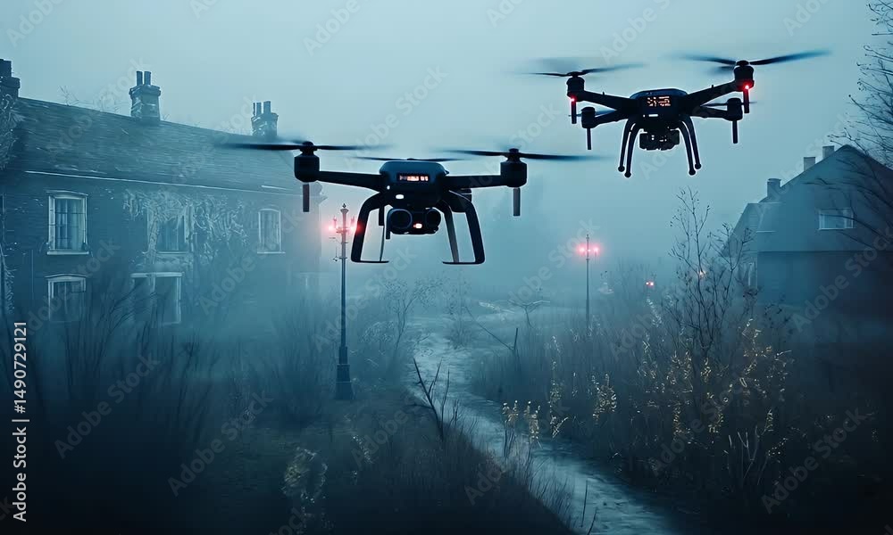 Drones hover over a desolate, misty village shrouded in mystery and intrigue, capturing ethereal footage