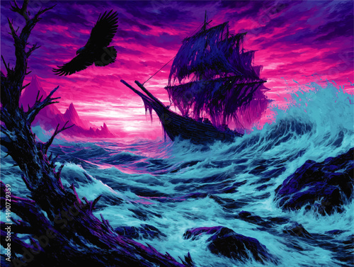 Dramatic Vector Illustration of Pirate Ship in Stormy Seas with Crashing Waves Dark Eagle Silhouette and Pink Purple Sunset Sky Fantasy Adventure Concept Artwork