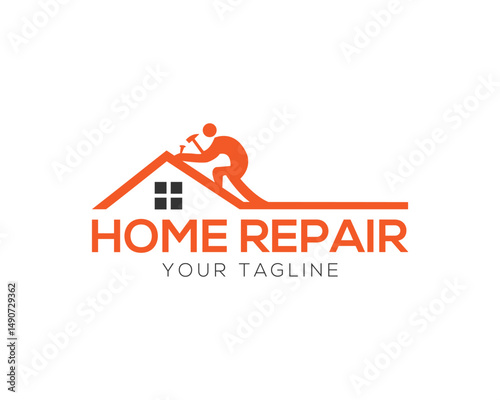 Home repair service logo orange silhouette worker with hammer vector template design for construction company