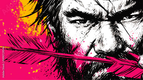 Bold Intense Vector Image Portraying Fierce Warrior Face Holding Pink Arrow Symbolizes Strength Focus Determination Abstract Art in Vivid Pink Yellow Contrast Colors