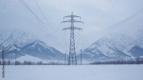 Powerline in snowy mountains