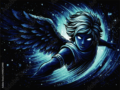 Mystical Fantasy Angel Vector Illustration with Glowing Blue Eyes Powerful Wings and Cosmic Energy Background Stunning Digital Art for Epic Myths Legends and Lore Themes