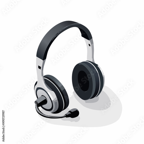 Grey and Black Headphones with Microphone on White Background