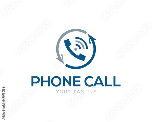 Phone call vector logo with circular arrows and signal waves for communication company template