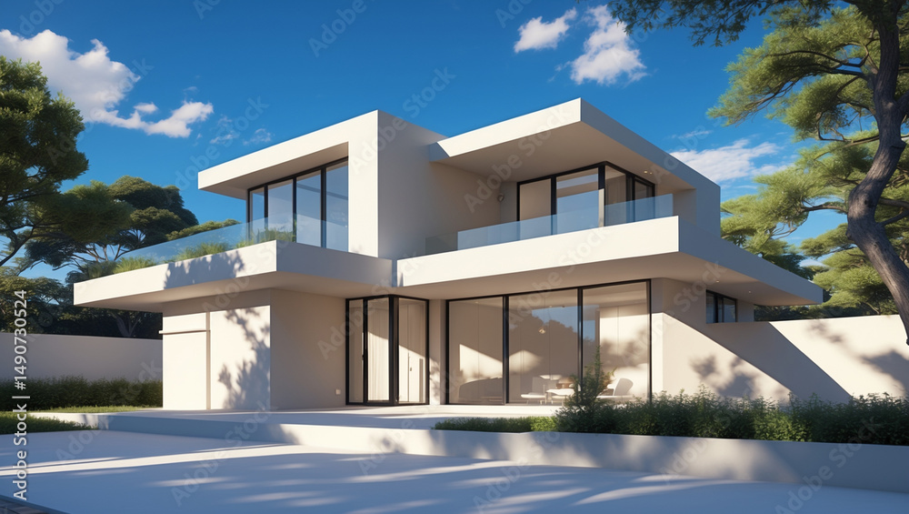 Fototapeta premium Modern Minimalist House – Light and Shadow Interplay, 4K Sunny Day