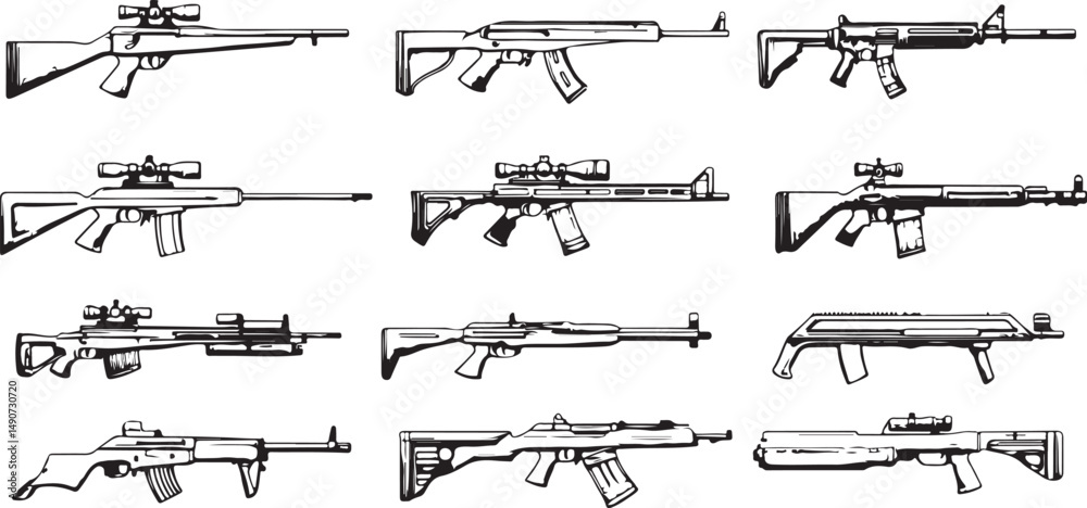 Poster Twelve Detailed Line Drawings of Various Rifles and Assault ...