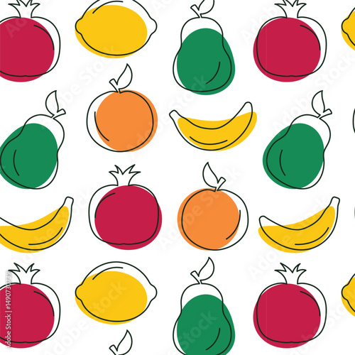Seamless pattern of various colorful fruits: bananas, lemons, oranges, pomegranates and pears.