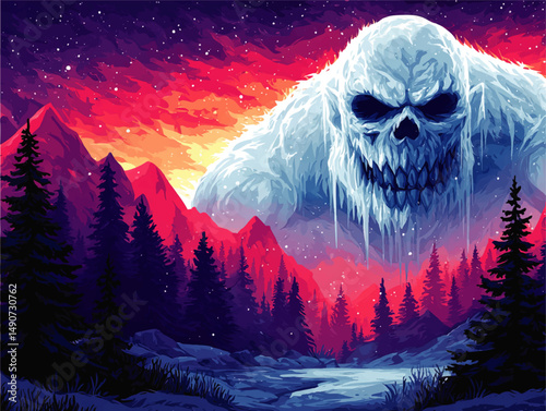 Fantasy Winter Landscape Illustration Featuring Gigantic Ice Monster Emerging Over Mountains with Dark Forest River Colorful Dramatic Evening Skyline Vector Art