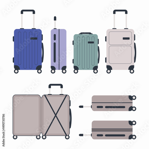 A set of travel suitcases in different colors and sizes. Various types of travel luggage. Family travel suitcases, hand luggage and checked baggage.