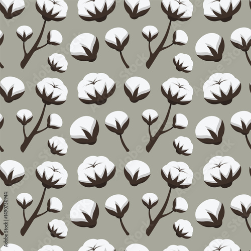 Seamless vector pattern featuring stylized white fluffy cotton flowers buds with dark brown stems and sepals on greenish-grey background.