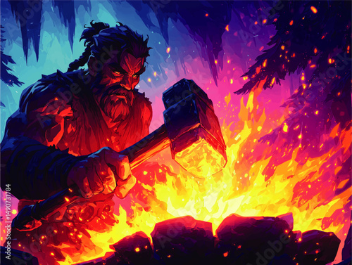 Fantasy Vector Illustration of Powerful Muscular Blacksmith Forging Weapon with Hammer and Anvil in Fiery Bright Flames Magical Epic Dark Mythical Medieval Environment