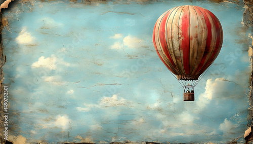 Vintage-styled image of a red and white striped hot air balloon floating in a cloudy sky with textured border