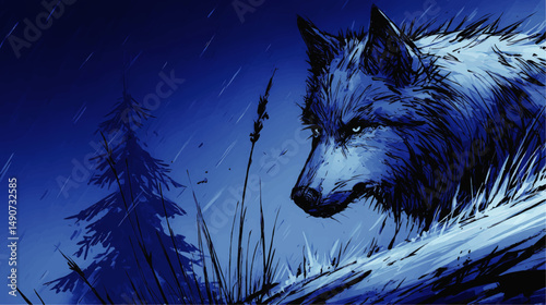 Stunning Blue Vector Illustration of an Intense Wolf in Rainy Night Wilderness Scene with Dark Pine Trees Nature Background Perfect for Wallpapers and Graphic Designs