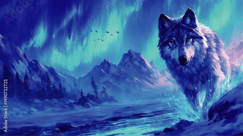 Majestic Blue Wolf with Northern Lights Auroras Vector Art Featuring Mystical Mountain Landscape Pine Forest Flying Birds and Vibrant Celestial Winter Wilderness Scene