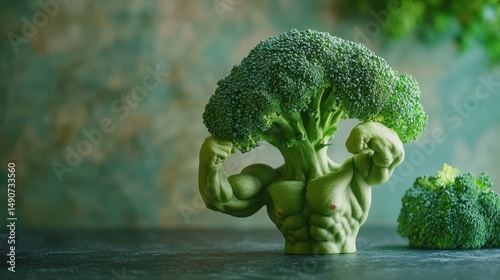 Broccoli flexes its muscles in a gym-inspired setting showing off fitness prowess like a bodybuilder, perfect for healthy living enthusiasts