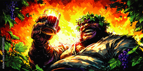 Vibrant Vector Illustration of Joyful Man Celebrating with Glass of Red Wine Surrounded by Grapes and Vines Colorful Festive Painting of Happiness and Wine Culture
