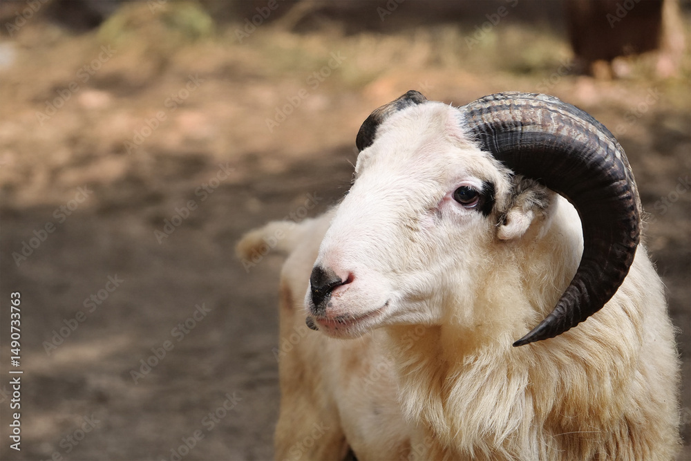 Fototapeta premium Healthy Male Goat with Curved Horns Standing in Farmyard