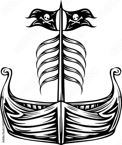 SVG A flaming skull tattoo in dark art style with skeleton elements. Black and White Pirate Ship Illustration with Skull Flags