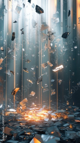 Shattered fragments falling, fiery glow below.