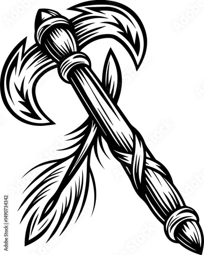 SVG A flaming skull tattoo in dark art style with skeleton elements. Hand-drawn illustration of a decorative battle axe design