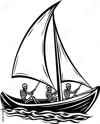 SVG A flaming skull tattoo in dark art style with skeleton elements. Skeleton Crew Sailing on a Boat with Black and White Illustrative Style