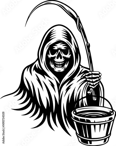 SVG A flaming skull tattoo in dark art style with skeleton elements. Grim Reaper Holding a Bucket in a Black and White Illustration
