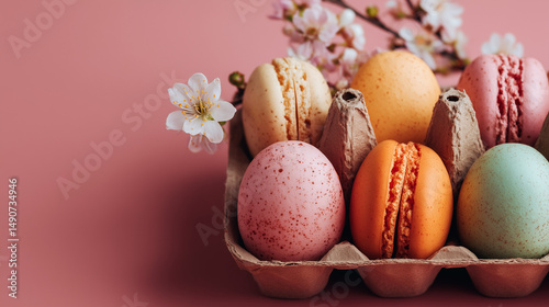 Colorful Macarons And Speckled Eggs In Carton Easter Concept photo