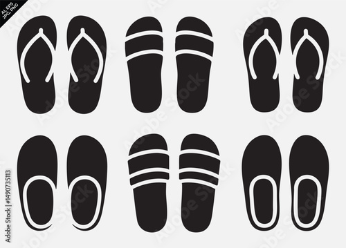 monochrome black and white footwear icons featuring flip-flops, slides and slippers